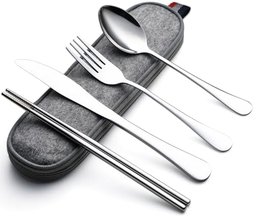 DEVICO Travel Utensils with Case, 5 Piece Portable Silverware Set for Work by DEVICO
