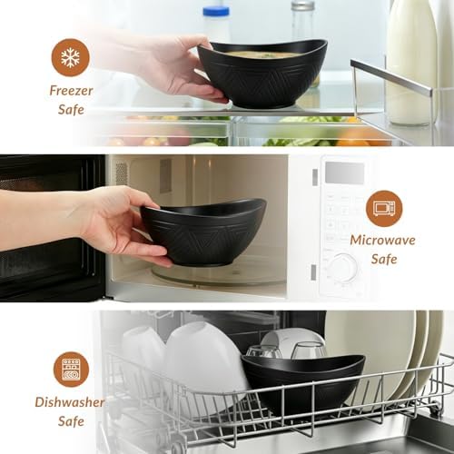 Homienly Wheat Straw Serving Bowls Unbreakable Oval Bowls Set of 6 Soup Bowls Microwave Safe Cereal Bowls for Kitchen, Camping, Party Dishwasher Safe Plastic Bowls for Dinner, Soup (26 OZ Black) - Image 6