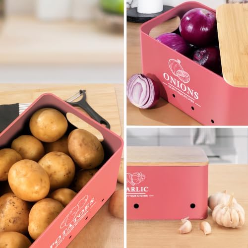 Kitchen Vegetable Storage Set of 3, Metal Onion Garlic Potato Storage Set, Kitchen Canisters Vegetable Keeper Containers with Aerating Holes and Bamboo Lid,Coral Red - Image 6