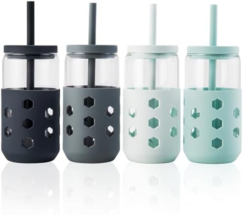 Mrsdry 16 oz Glass Cups with Lids and Straws for Gift, 4-Pack, Grey by Mrsdry
