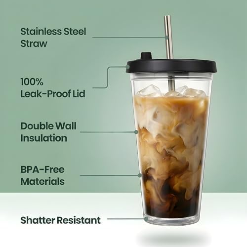 Reusable Iced Coffee Cup with Lid and Straw, 24 oz/Venti, BPA-Free Double-Wall Insulated Plastic Tumbler for Cold Drinks, Includes Clear Plastic Straw, Stainless Steel Straw and Cleaning Brush, Black - Image 3