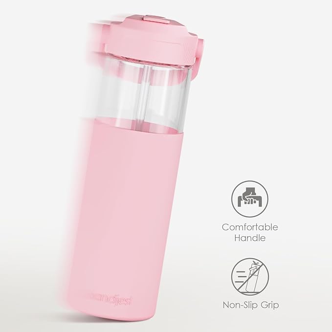 Glass Water Bottle with Silicone Sleeve and Straw Lid 20oz for Girls Women, Glass Drinking Bottles for Travel Home Gym Sports (Rose Cloud)