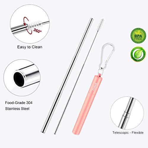 2 Pack Reusable Metal Straws Collapsible Stainless Steel Drinking Straw Travel Portable Telescopic Straw with Case for Cruise Ship Essentials Black/Rose Gold - Image 2