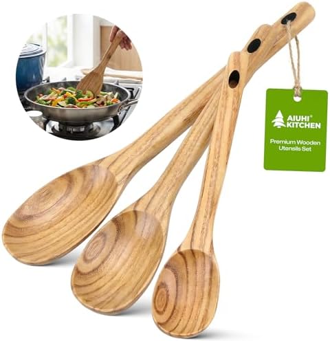 AIUHI 3Pcs Wooden Spoon Set, Different Size Wood Spoons for Cooking, Wooden Kitchen Utensils Set for Mixing, Serving and Eating by AIUHI