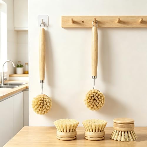 Bamboo Dish Brush with 3 Replacement Heads, Plastic-Free Kitchen Scrub Brush with Long Handle, Natural Sisal Bristle Bamboo Brush for Pans, Dishes, Pot,Veggie and Fruit - Image 6