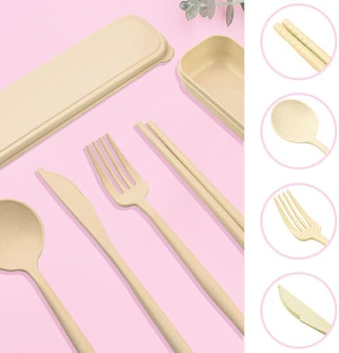 ELANE 4 Sets Reusable Travel Utensils Set with Case,Camping Cutlery Set Reusable Cutlery Set with Case,Utensil Sets for Lunch Picnic Daily Use Outdoor (beige) - Image 4