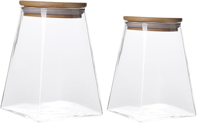 2 Pcs Transparent Glass Storage Jars with Wooden Lids Airtight Tea Canisters Kitchen Containers for Cereals Snacks Pantry Organization and Fresh Food Storage