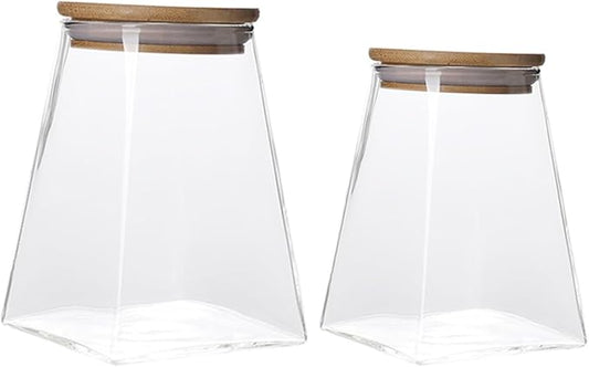 2 Pcs Transparent Glass Storage Jars with Wooden Lids Airtight Tea Canisters Kitchen Containers for Cereals Snacks Pantry Organization and Fresh Food Storage