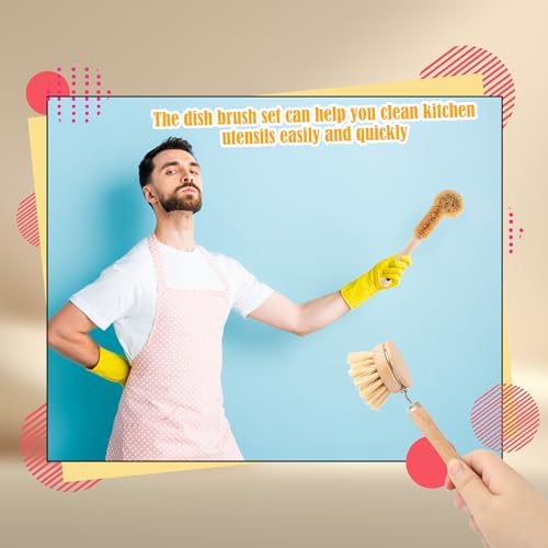 15 Pcs Bamboo Dish Brush Set with 65 Ft Hemp Rope Wooden Palm Pot Brush Sisal Bristles Natural Cup Scrubber Loofah Sponge Draining Tray for Pans, Bottle, Sink Kitchen Cleaning - Image 6