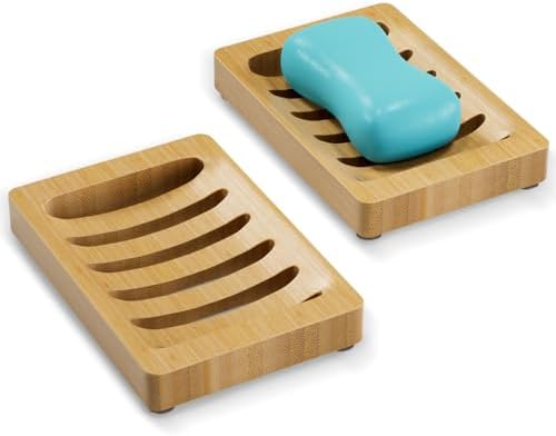 AmazerBath Soap Holder, Bamboo Soap Dish, Wooden Soap Holder Soap Dish, 2 Pack Bamboo Soap Holder, Soap Dishes for Bar Soap, Wooden Soap Tray, Kitchen Soap Tray Self Draining (Wooden Color) by AmazerBath