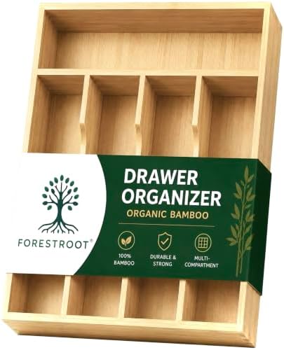Bamboo Drawer Organizer for Kitchen Drawers, 5-Compartment Flatware & Cutlery Tray, Natural Bamboo Kitchen Utensil Silverware Organizer, Drawer Storage Organizer, 13.8 x 9.9 x 2.0 Inches by Forestroot
