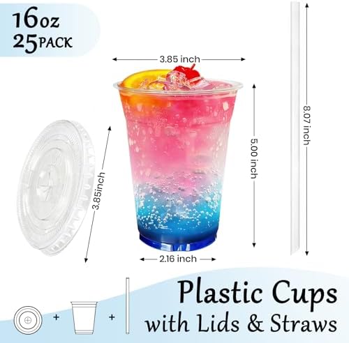 25 Pack 16oz Leak-Proof Clear Plastic Cups with Lids and Straws - Image 2