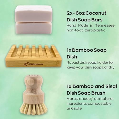 Green Llama Dish Washing Bar Soap Set with 2 Solid Coconut Oil Bars, Sisal Scrub Brush & Bamboo Holder, Fragrance-Free Kitchen Cleaning Set - Image 3