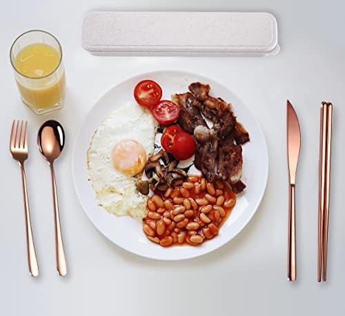 AARAINBOW 6 Pieces 18/8 Stainless Steel Flatware Set Portable Reusable Cutlery Set Travel Utensils Set Including Chopsticks Knife Fork Spoon Straws Cleaning Brush Dishwasher Safe (Rose Gold) - Image 5