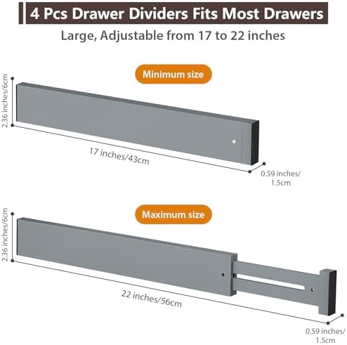 DUCOO 4 PCS Drawer Divider, 17"-22" Adjustable Bamboo Drawer Dividers Organizers, Expandable Separators for Kitchen, Clothes, Dressers, Home, Office, Gray - Image 2