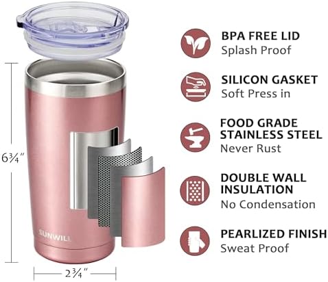 SUNWILL Travel Coffee Mug Set of 2, 20 oz Tumbler with Lid, Insulated Stainless Steel Cup for Water, Tea, Ice, Rose Gold & Cool Grey - Image 2