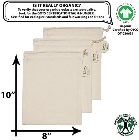 Simple Ecology Reusable Grocery Produce Shopping and Storage Bags, Organic Cotton Muslin, Small 3 pack - Image 3