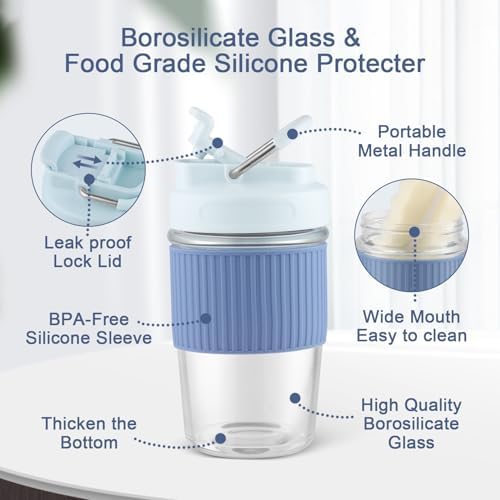 Sivaphe Reusable Glass Ice Hot Coffee Cup 12 oz, Portable Travel Mug with Spill-Proof Lid and Thermal Sleeve for Home Office Blue - Image 5