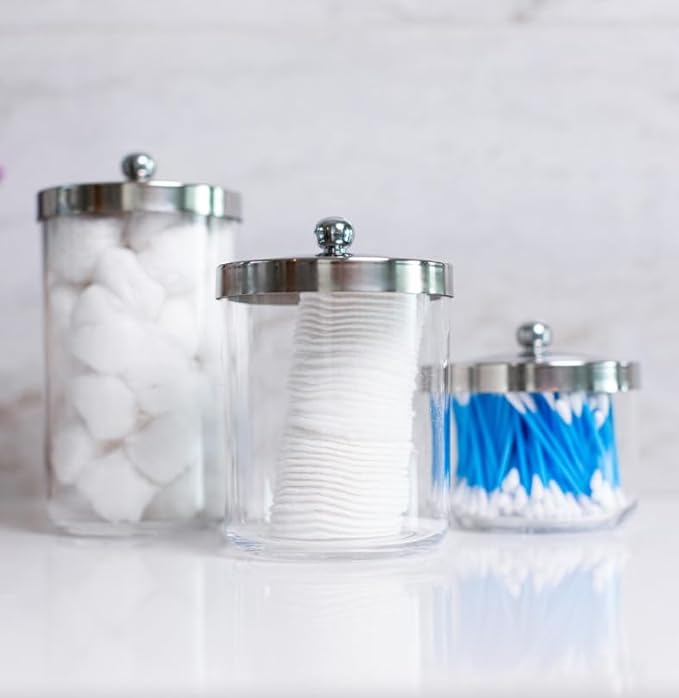 Huang Acrylic Chrome Lid Clear Cosmetic Container | Store Q-Tips, Cottonballs, Cotton Rounds | Perfect Counter Top or Shelf Storage | Small