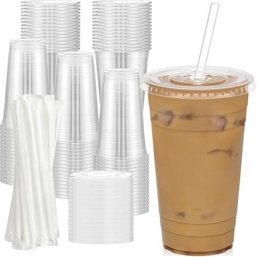 Dealusy 100 Pack - 24 oz Clear Plastic Cups with Lids and Straws by Dealusy