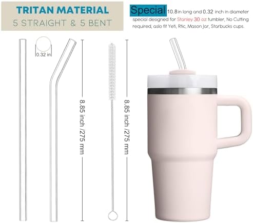 ALINK 10 Pack Reusable Clear Straws for Stanley 20 oz 14oz Tumbler, Tritan Hard Plastic Straws for Yeti Rtic 30oz 25 oz 26 oz 20 oz Tumbler, Mason Jar 16oz Venti Cup with Brush - Image 2