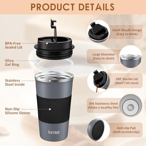 KETIEE Travel Coffee Mug Spill Proof 12oz, Insulated Reusable Coffee Cups with Seal Lid, Vacuum Stainless Steel Travel Mug to Go Car Tumbler for Hot/Iced Drinks (Grey) - Image 2