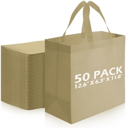 Reginary 50 Pcs Reusable Tote Bags Shopping Bags Non Woven, Light Brown by Reginary