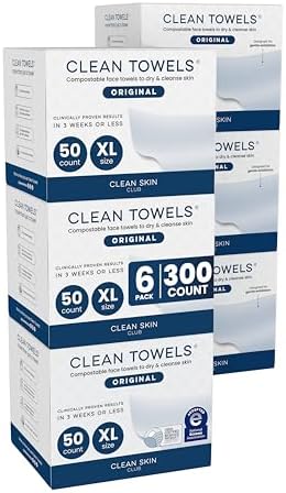 Clean Skin Club Clean Towels XL®, 100% USDA Biobased Face Towel, Disposable Face Towelette, Eczema Association Accepted, Makeup Remover Dry Wipes, Ultra Soft, 50 ct per pack, 6 Packs, 300 Ct Total by CLEANSKINCLUB