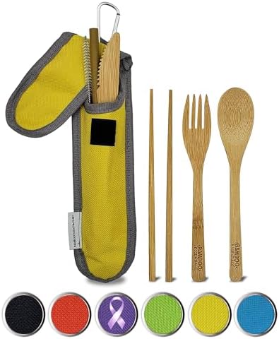 Travel Utensils with Case Set Fork, Knife, Spoon, Chopsticks, Straw, Straw-cleaning brush, Travel Pouch and Carabiner, Excellent For Everyday Use! ((1Set) Sunrise Yellow) by Bamboo+Essentials%C2%AE