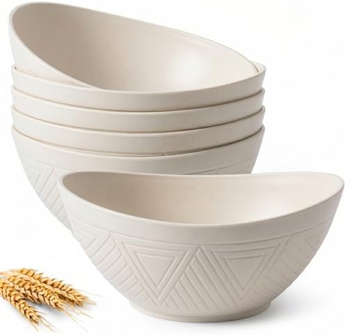 Homienly Salad Bowls Set of 6, 60 OZ Large Wheat Straw Bowls for Kitchen, Camping, Party, Unbreakable Lightweight Popcorn Bowl, Microwave and Dishwasher Safe Bowl Set with Unique Texture - Beige by HOMIENLY