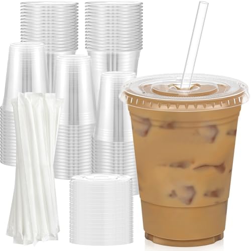 Dealusy 100 Pack - 16 oz Clear Plastic Cups with Lids and Straws by Dealusy