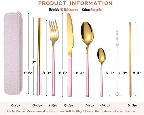 AARAINBOW 7 Pieces Stainless Steel Flatware Set Portable Reusable Cutlery Set Travel Utensils Set Including Chopsticks Knife Fork Spoon Straws Cleaning Brush Dishwasher Safe (Pink Golden) - Image 2