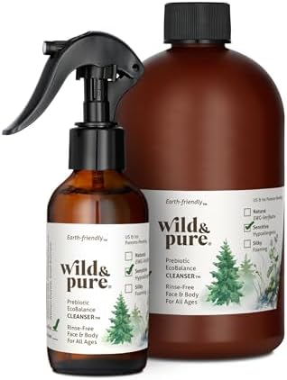 Wild & Pure Sensitive Skin Spray Body Wash Starter Set (4oz + 18oz Refill) | Cleanser, Deodorizer, Moisturizer for Face, Hands, Body | pH-Balanced, Microbiome-Friendly EcoBalance Refillable Skincare by WildPure