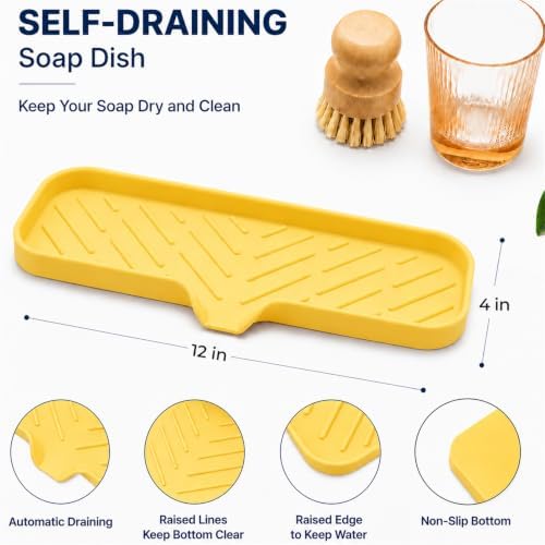 MicoYang Silicone Soap Dish with Drain Spout — Self-Draining Double Sink Organizer Tray for Kitchen & Bathroom, Dispensers, Sponges & Soap Holder, Non-Slip & Dishwasher Safe, Yellow (Large, 12"×4") - Image 2