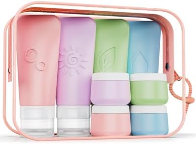 20-Piece Silicone Travel Bottles Set – TSA Approved Leakproof Toiletry Kit with Flat Easy-Squeeze Bottles, Tactile Icons, Cream Jars, Pump & Spray, Cleaning Brush by KLKE