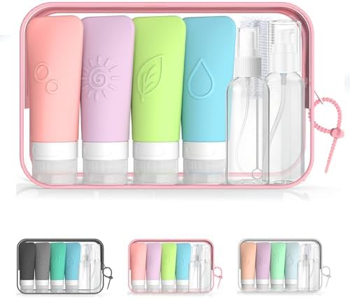 16-Piece Silicone Travel Bottles Set – TSA Approved Leakproof Toiletry Kit with Flat Easy-Squeeze Bottles, Pump & Spray, Waterproof Bag by KLKE