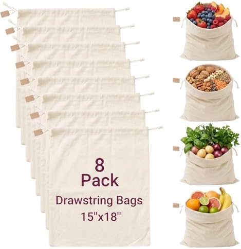 Set of 8 Ambrosia Cotton Produce Bags Drawstring Muslin by FMLIUY