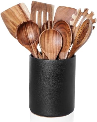 Wooden Cooking Utensils Set with Ceramic Holder,Teak Wood 10pcs Utensils by Nucookery