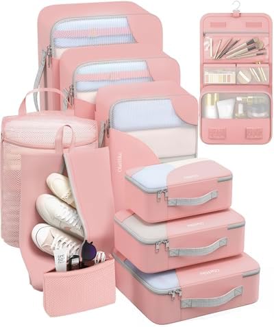 OlarHike Packing Cubes for Travel,Gifts for Women Mom,Anti-Tearing Suitcase Organizer for Luggage with Shoe & Hanging Toiletry Bag,Vacation Essentials & Accessories for Cruise Ship,10 Set,Pink by OlarHike