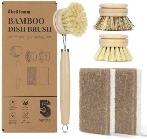 5 PCS Long Handle Bamboo Dish Brush with 2 Natural Dish Sponges by %C3%96KOSTAMM