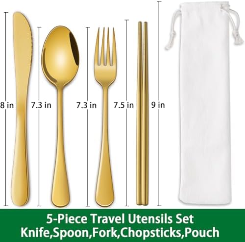 DEHOV Gold Travel Utensils Set With Pouch,Outdoor Camping Silverware Set For Picnic Gadgets,Set Of 5 Portable Cutlery Spoon And Fork Set With Case For Dining - Image 2