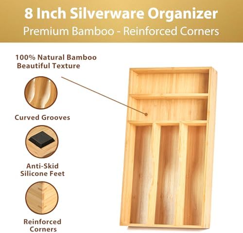 Umilife Bamboo Kitchen Drawer Organizer, 8 Inch Silverware Utensils Tray Holder for Small Drawer, Wood Caddy for Flatware Cutlery Knives - Image 2