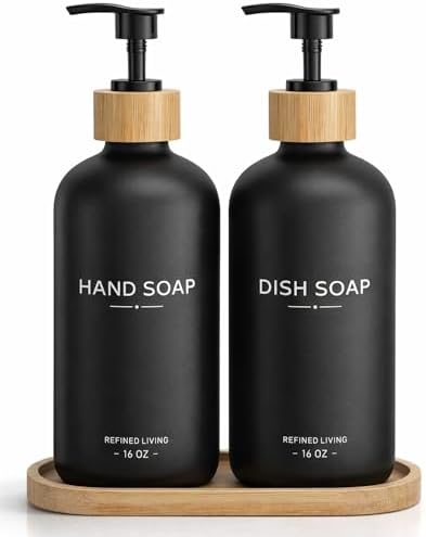 Hand and Dish Soap Dispenser Set,16oz Glass Bottles with Bamboo Pumps & Tray,Countertop Soap Dispensers for Kitchen,Luxury, Minimalist & Farmhouse Decor by Aeakey