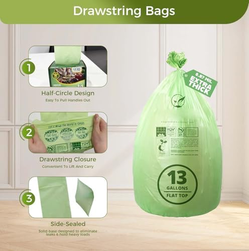 13 Gallon Compostable Trash Bags with Flat-Top, Thick 0.87 Mil, 49.21 Liter, 50 Bags, Tall Kitchen Food Scrap Waste Bag, ASTM D6400, US BPI and OK Compost Home Certified - Image 3