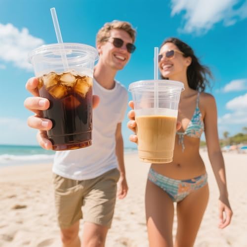 Ginkgo 50 Pack 20 oz Plastic Iced Coffee Cups with Lids and Straws - Image 5