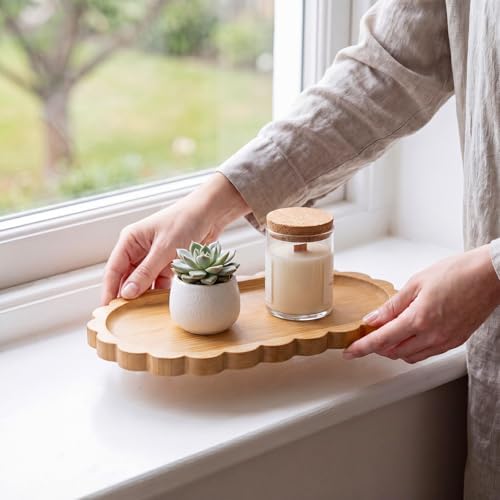 Scalloped Bamboo Soap Dispenser Tray Bathroom Rustic Decor Bamboo Countertop Tray Scalloped Soap Dish Jewelry Holder Vanity Bathtub Organizer for Bathroom Kitchen Home Decor(7'',Oval) - Image 5