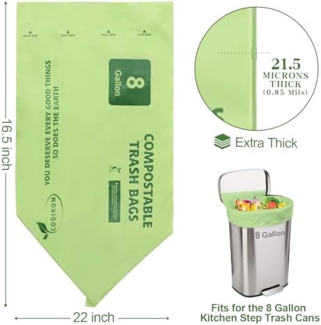 100% Compostable Trash Bags, 8 Gallon, 30 Liter, 0.85 Mils, 70 Count Large Kitchen Food Scrap Compost Bags for Kitchen Step Trash Cans with Europe EN13432 Certified - Image 2