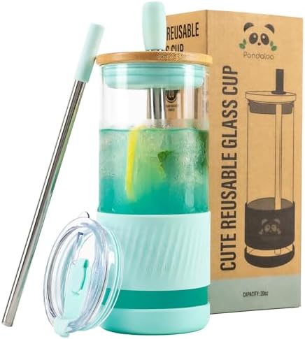 Pandaloo® Glass Cups With Lids and Straws -20 Fl Oz- Perfect Size Iced Coffee Cup - Smoothie Cup With Bamboo Lid and On the go Lid - Glass Tumbler With Straw (1 Count (Pack of 1), Carribean Blue) by Pandaloo