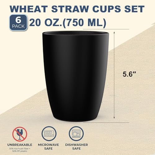Wrova Wheat Straw Cups 6 PCS Good Alternative to Plastic Reusable Cups 20 oz Unbreakable Drinking Cup Reusable Dishwasher Safe Water Plastic Glasses Black - Image 2