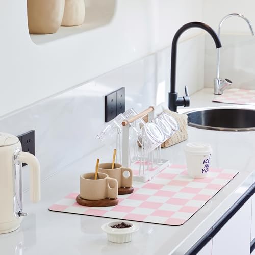 Ohocut Checkered Dish Drying Mat for Kitchen Counter, Coffee Bar Station Accessories, Retro Cute Aesthetic Girly Women Modern Absorbent Drainer Mat Kitchen Drying Mat Easy Clean, Pink 16" x 24" by Ohocut
